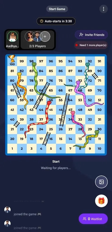 Yaari Snakes and Ladders room with the 100-square board